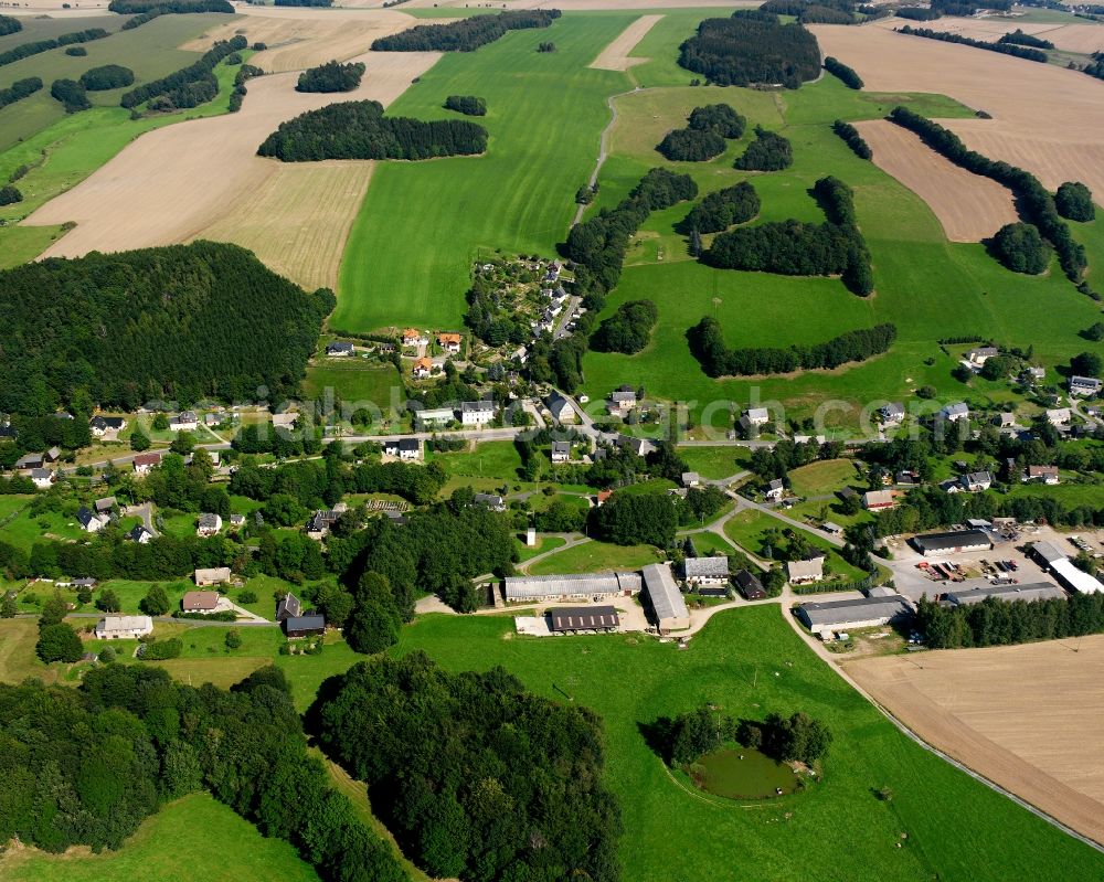 Lichtenberg/Erzgebirge from the bird's eye view: Agricultural land and field boundaries surround the settlement area of the village in Lichtenberg/Erzgebirge in the state Saxony, Germany