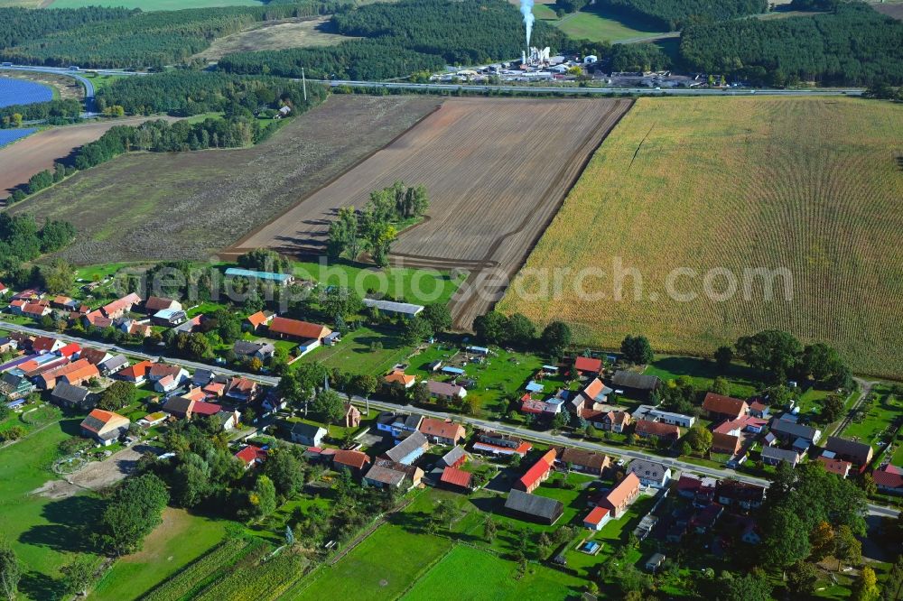 Liebenthal from above - Agricultural land and field boundaries surround the settlement area of the village in Liebenthal in the state Brandenburg, Germany