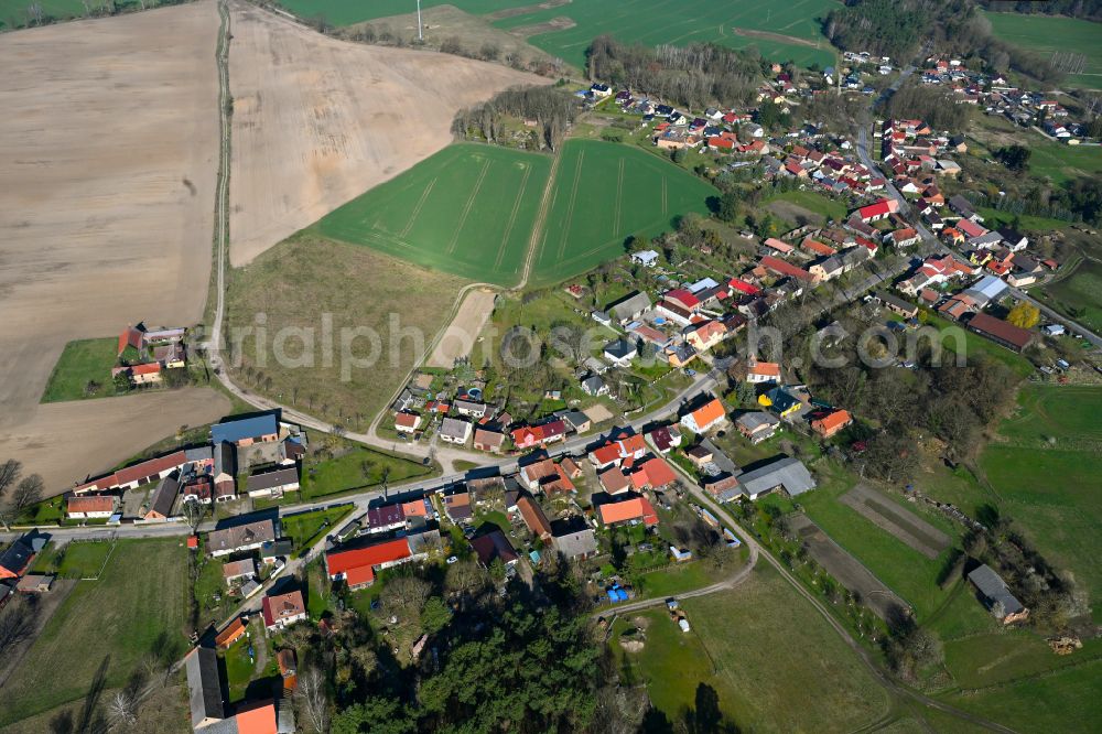 Linow from the bird's eye view: Agricultural land and field boundaries surround the settlement area of the village in Linow in the state Brandenburg, Germany