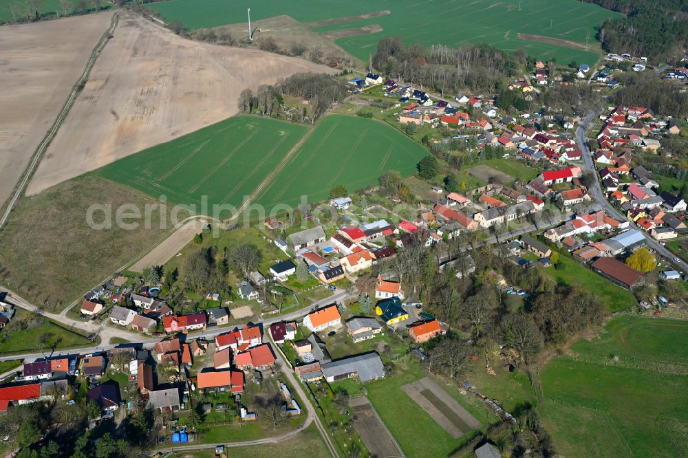 Aerial image Linow - Agricultural land and field boundaries surround the settlement area of the village in Linow in the state Brandenburg, Germany