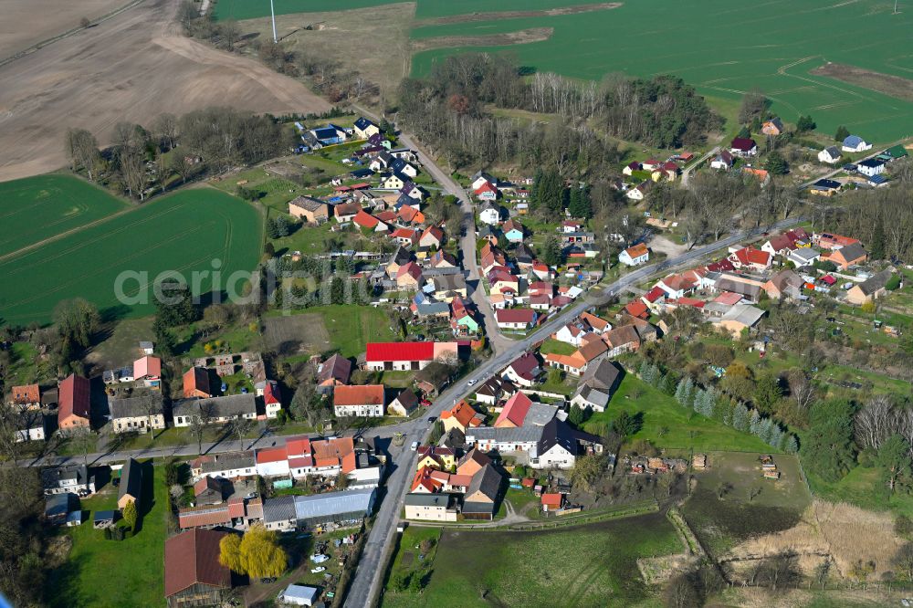 Aerial photograph Linow - Agricultural land and field boundaries surround the settlement area of the village in Linow in the state Brandenburg, Germany