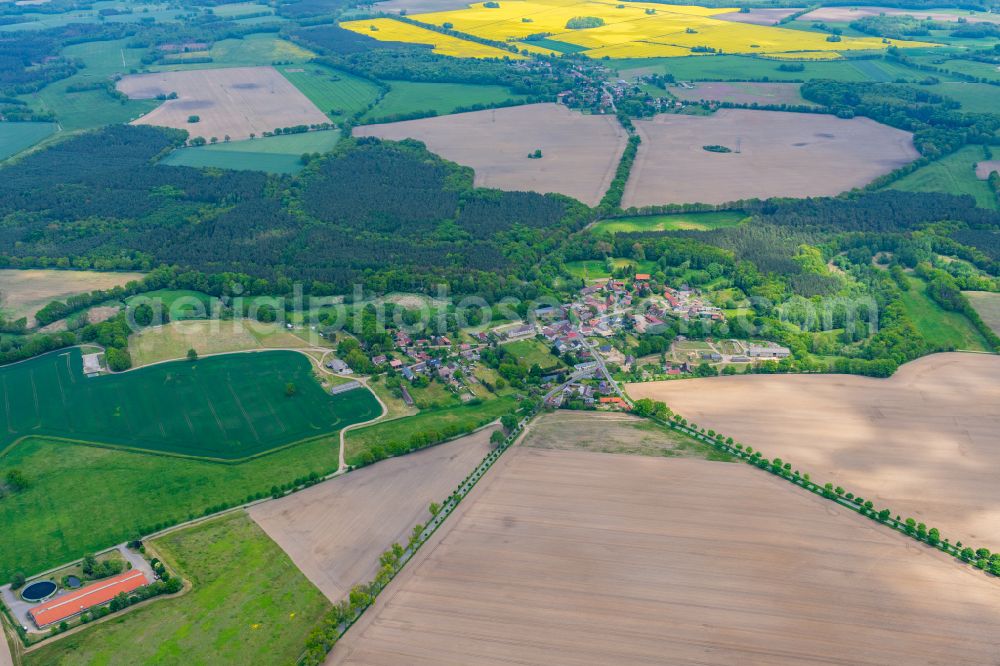 Putlitz from the bird's eye view: Agricultural land and field boundaries surround the settlement area of the village in Lockstaedt in the state Brandenburg, Germany