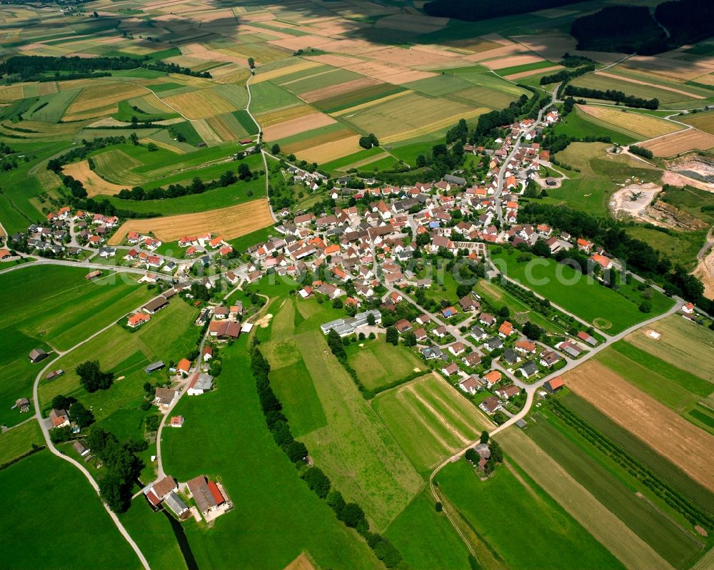 Aerial image Marbach - Agricultural land and field boundaries surround the settlement area of the village in Marbach in the state Baden-Wuerttemberg, Germany