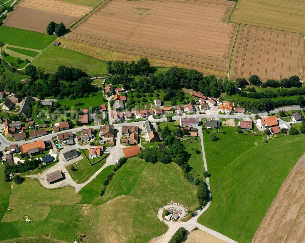 Marbach from above - Agricultural land and field boundaries surround the settlement area of the village in Marbach in the state Baden-Wuerttemberg, Germany
