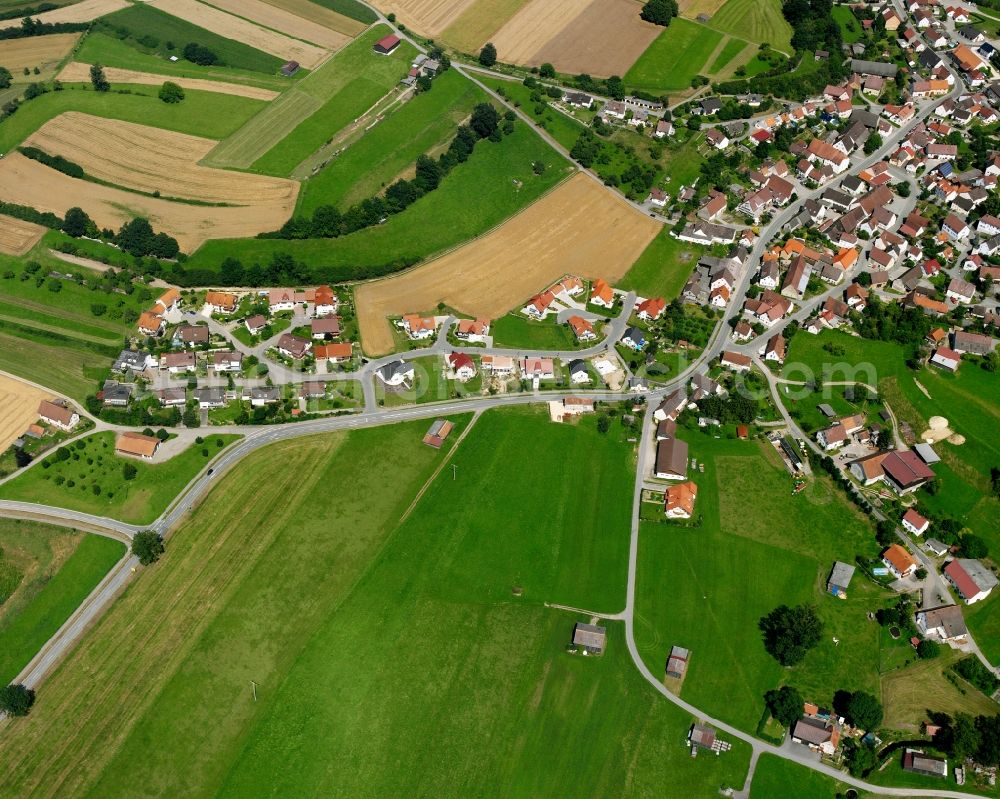 Aerial photograph Marbach - Agricultural land and field boundaries surround the settlement area of the village in Marbach in the state Baden-Wuerttemberg, Germany
