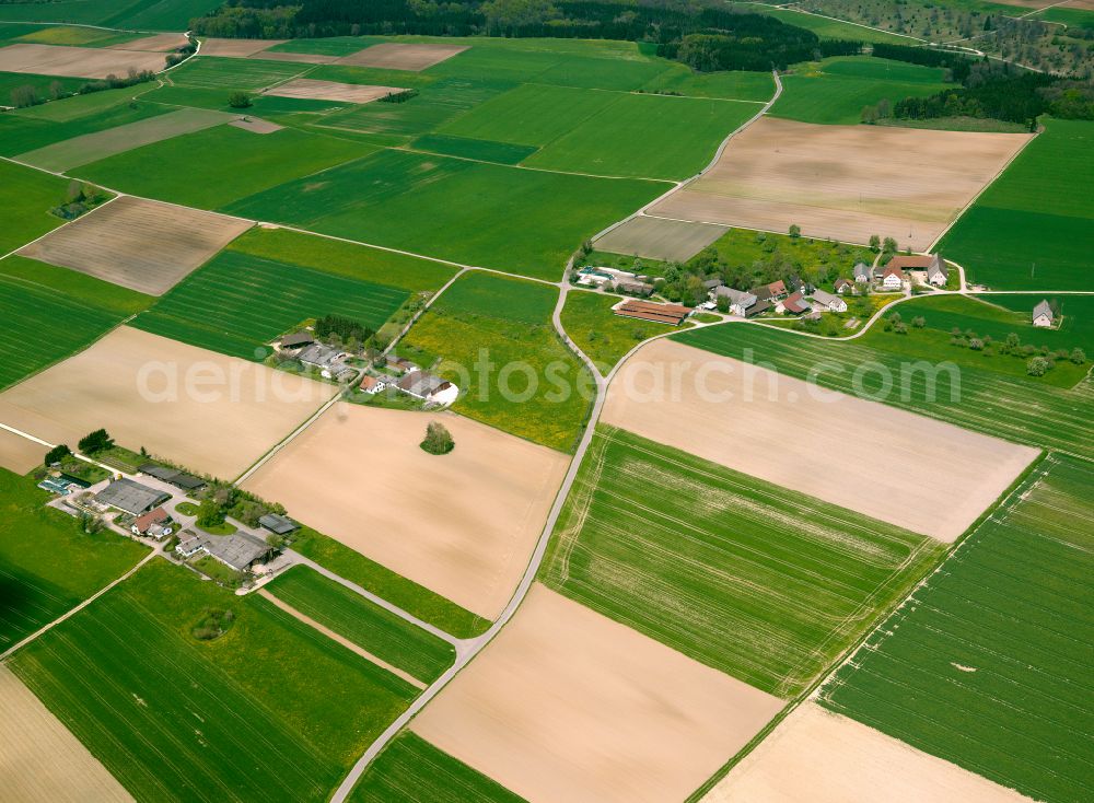 Aerial photograph Mehrstetten - Agricultural land and field boundaries surround the settlement area of the village in Mehrstetten in the state Baden-Wuerttemberg, Germany