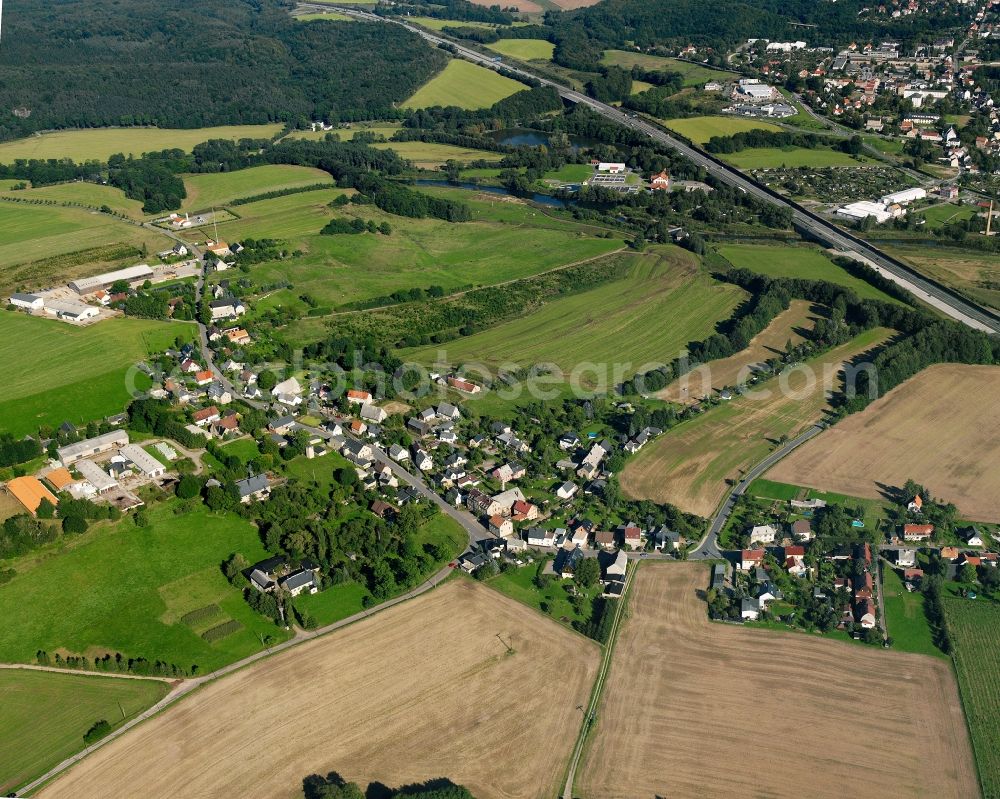 Aerial photograph Merzdorf - Agricultural land and field boundaries surround the settlement area of the village in Merzdorf in the state Saxony, Germany