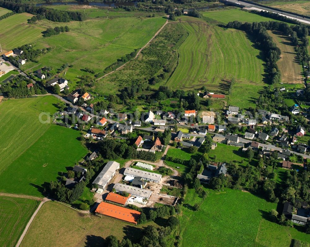 Merzdorf from the bird's eye view: Agricultural land and field boundaries surround the settlement area of the village in Merzdorf in the state Saxony, Germany
