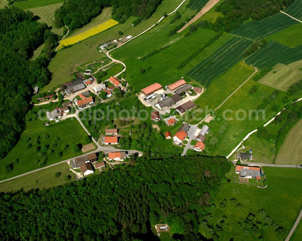 Aerial image Mühlhausen im Täle - Agricultural land and field boundaries surround the settlement area of the village in Mühlhausen im Täle in the state Baden-Wuerttemberg, Germany