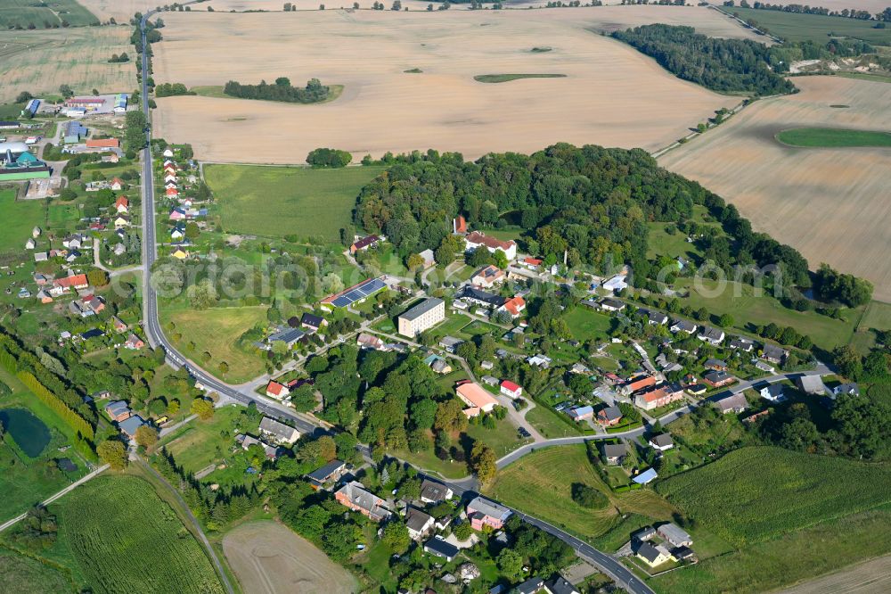 Aerial image Mildenitz - Agricultural land and field boundaries surround the settlement area of the village on street Schlossstrasse in Mildenitz in the state Mecklenburg - Western Pomerania, Germany