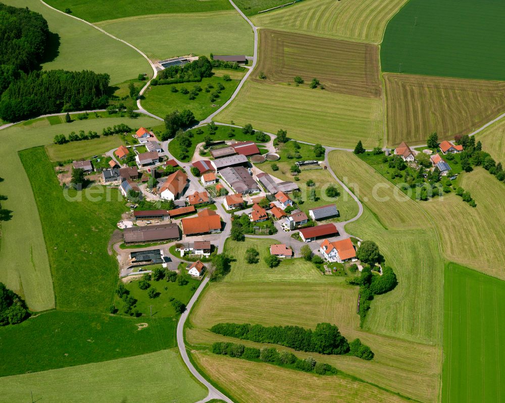 Mittishaus from the bird's eye view: Agricultural land and field boundaries surround the settlement area of the village in Mittishaus in the state Baden-Wuerttemberg, Germany