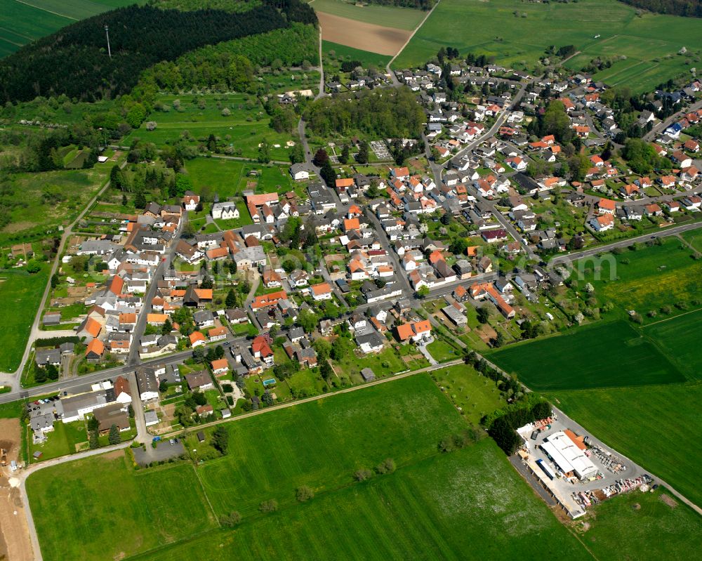 Aerial photograph Münster - Agricultural land and field boundaries surround the settlement area of the village in Münster in the state Hesse, Germany