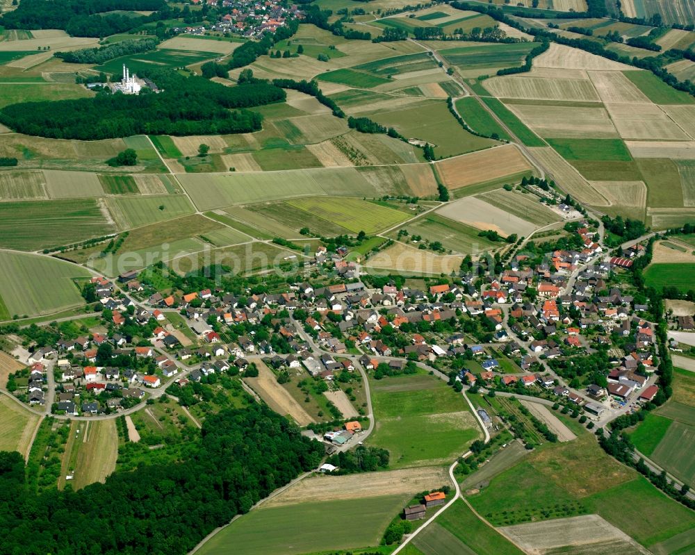 Moos from the bird's eye view: Agricultural land and field boundaries surround the settlement area of the village in Moos in the state Baden-Wuerttemberg, Germany