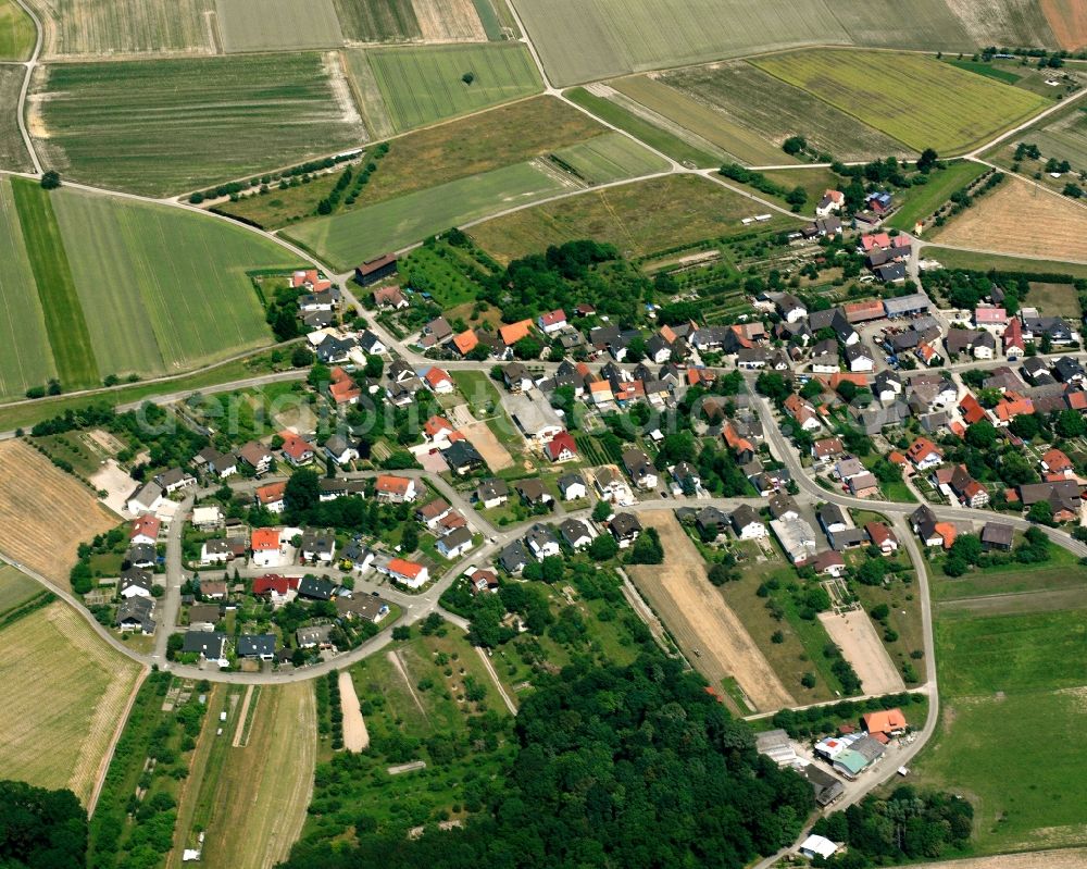Aerial image Moos - Agricultural land and field boundaries surround the settlement area of the village in Moos in the state Baden-Wuerttemberg, Germany