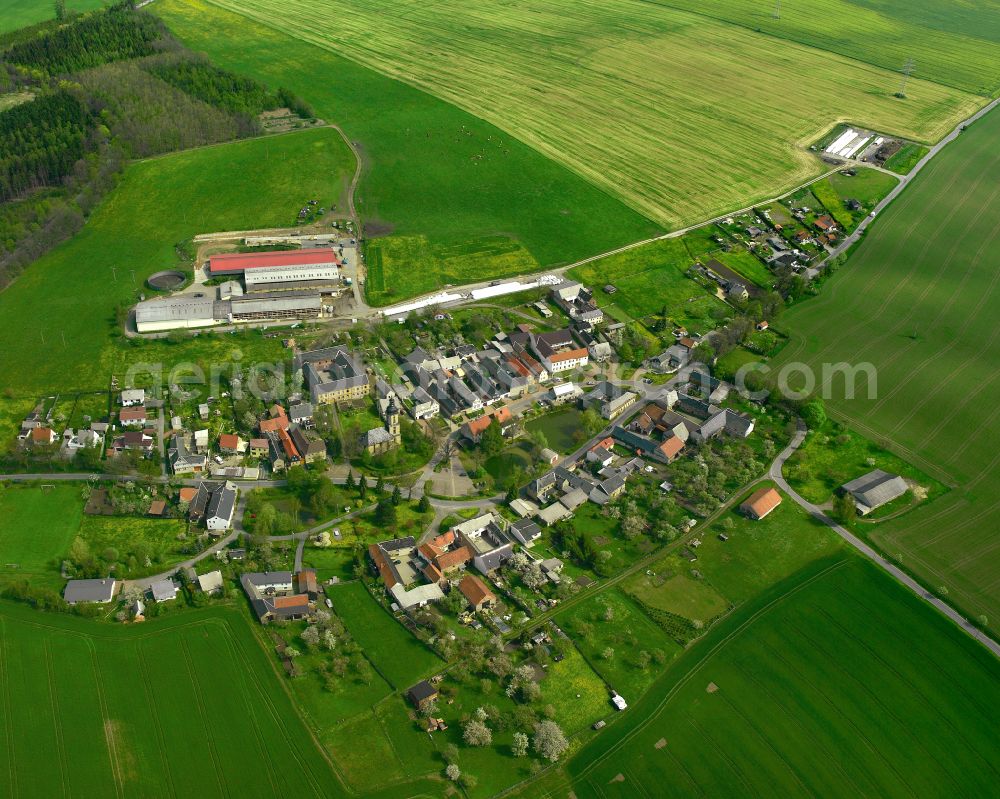 Muntscha from the bird's eye view: Agricultural land and field boundaries surround the settlement area of the village in Muntscha in the state Thuringia, Germany
