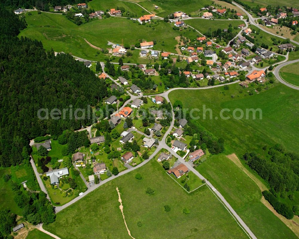 Murg from above - Agricultural land and field boundaries surround the settlement area of the village in Murg in the state Baden-Wuerttemberg, Germany