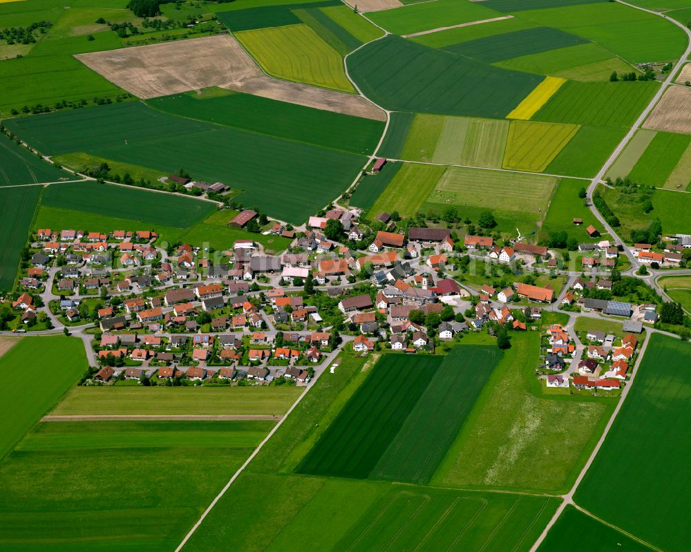 Aerial image Muttensweiler - Agricultural land and field boundaries surround the settlement area of the village in Muttensweiler in the state Baden-Wuerttemberg, Germany