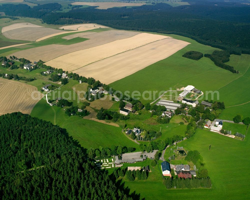 Nassau from the bird's eye view: Agricultural land and field boundaries surround the settlement area of the village in Nassau in the state Saxony, Germany