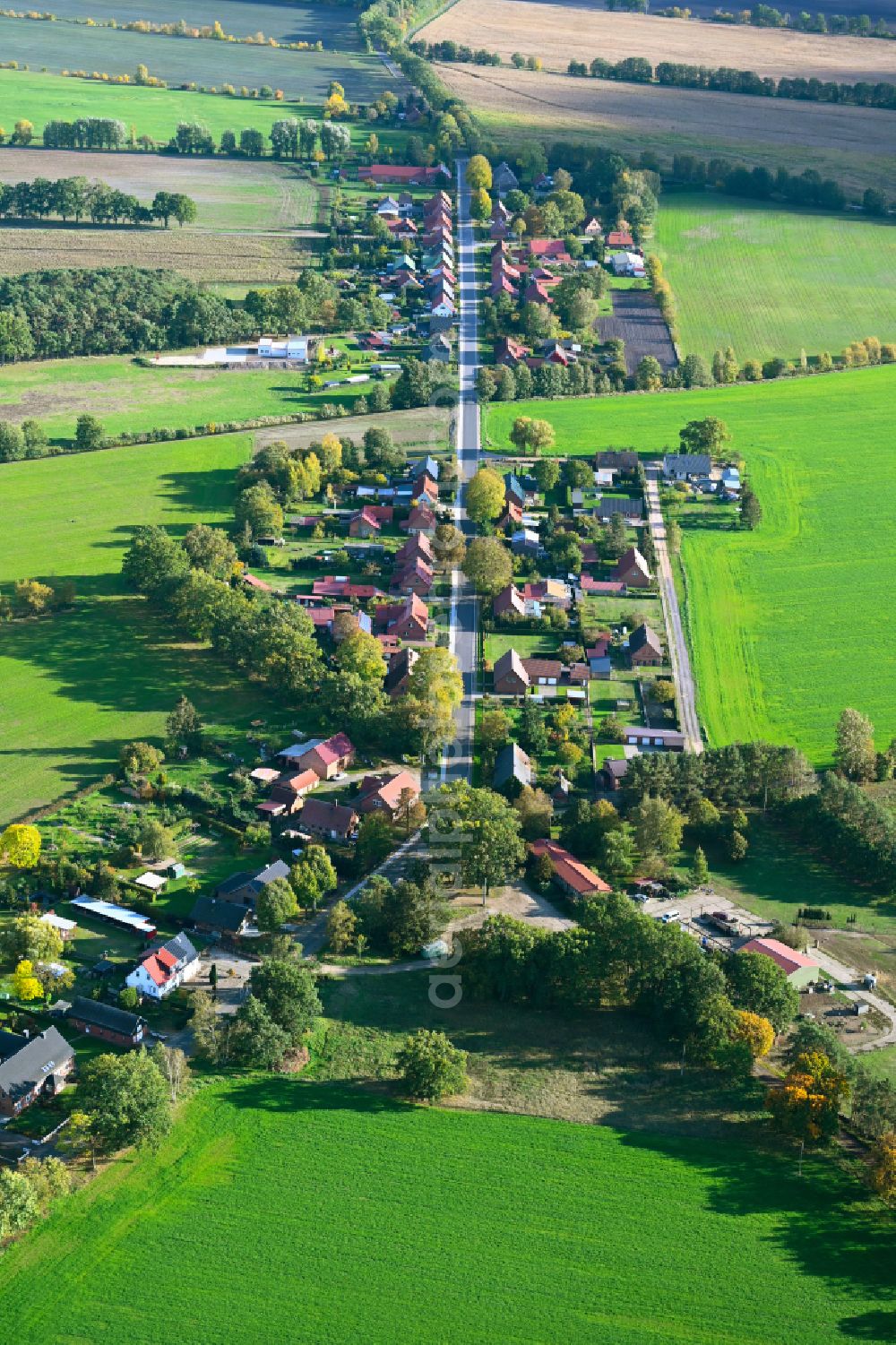 Neu Lüblow from above - Agricultural land and field boundaries surround the settlement area of the village in Neu Lueblow in the state Mecklenburg - Western Pomerania, Germany