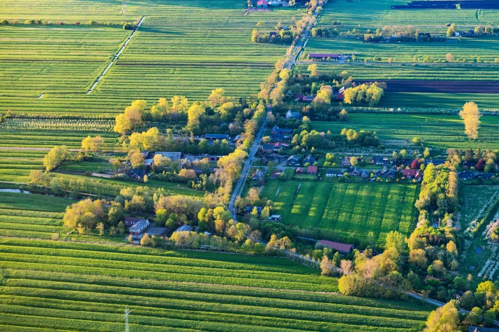 Engelschoff from above - Agricultural land and field boundaries surround the settlement area of the village in Neuland in Engelschoff in the state Lower Saxony, Germany