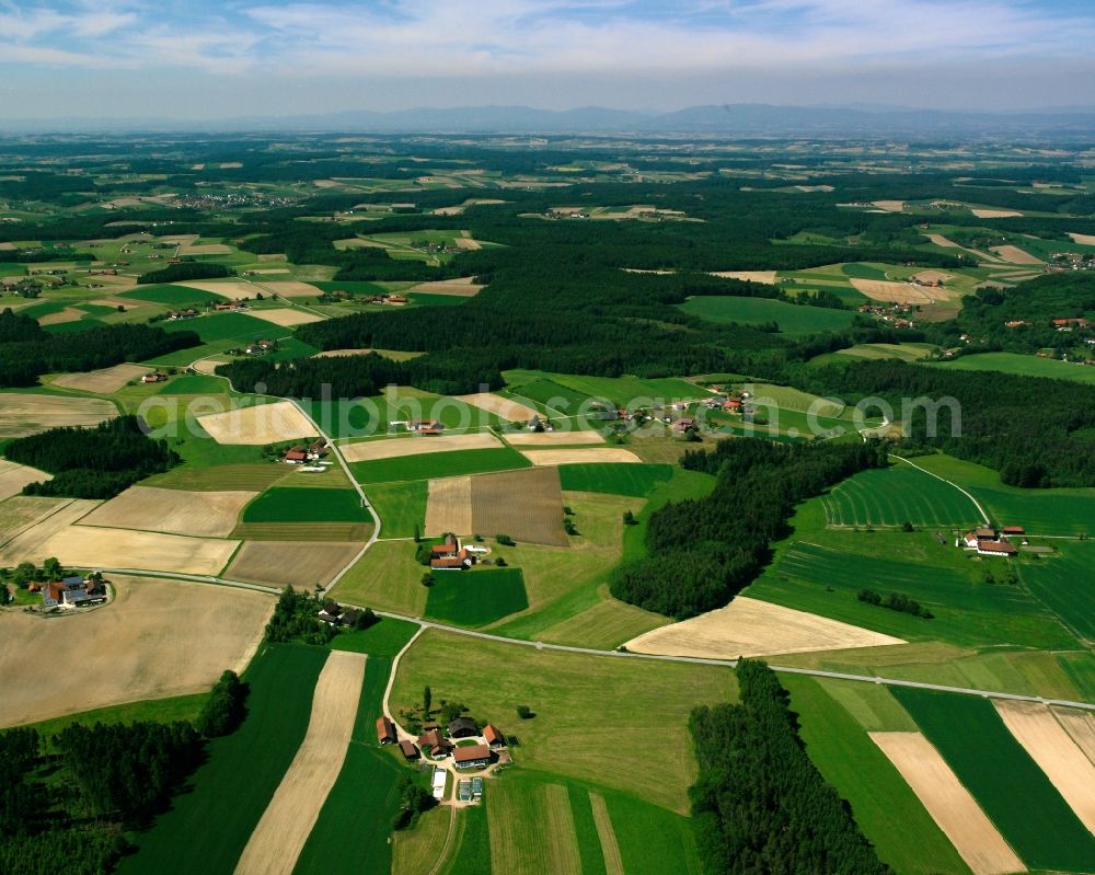 Neunöd from the bird's eye view: Agricultural land and field boundaries surround the settlement area of the village in Neunöd in the state Bavaria, Germany