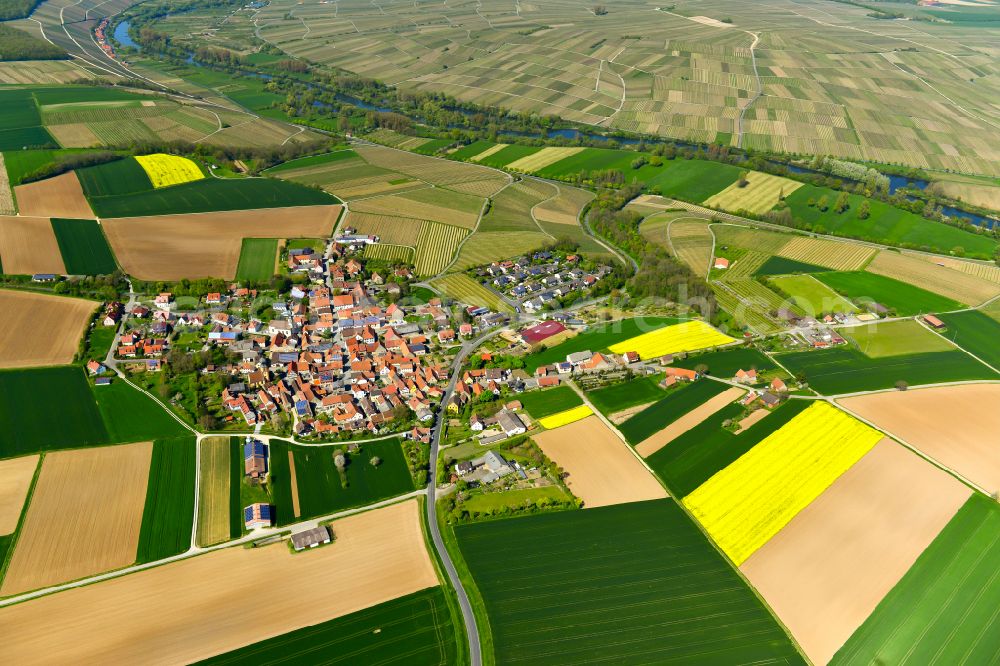 Neuses a.Berg from the bird's eye view: Agricultural land and field boundaries surround the settlement area of the village in Neuses a.Berg in the state Bavaria, Germany