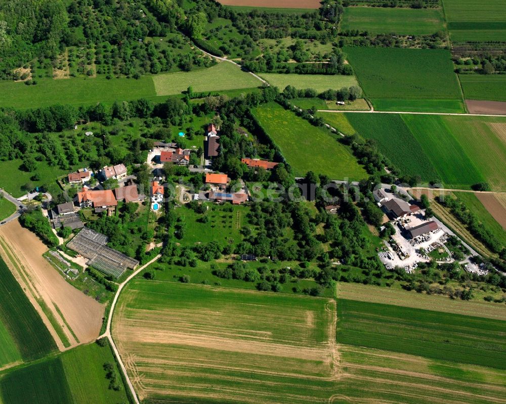 Neustadt from the bird's eye view: Agricultural land and field boundaries surround the settlement area of the village in Neustadt in the state Baden-Wuerttemberg, Germany