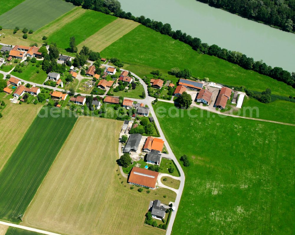 Niedergottsau from above - Agricultural land and field boundaries surround the settlement area of the village in Niedergottsau in the state Bavaria, Germany