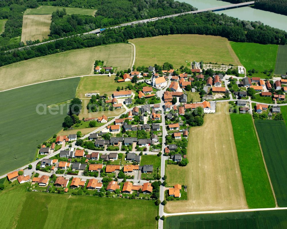 Aerial image Niedergottsau - Agricultural land and field boundaries surround the settlement area of the village in Niedergottsau in the state Bavaria, Germany