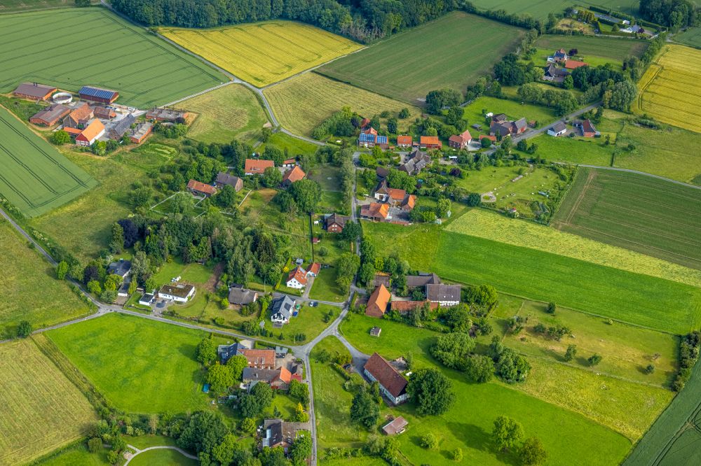 Aerial photograph Norddinker - Agricultural land and field boundaries surround the settlement area of the village in Norddinker at Ruhrgebiet in the state North Rhine-Westphalia, Germany