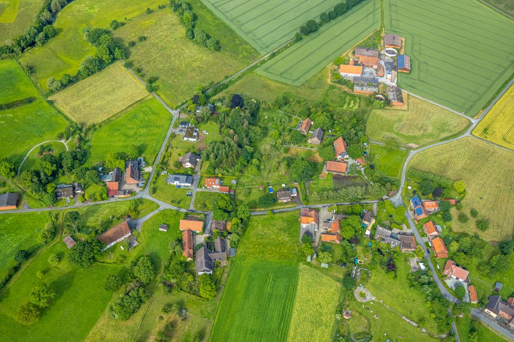 Norddinker from above - Agricultural land and field boundaries surround the settlement area of the village in Norddinker at Ruhrgebiet in the state North Rhine-Westphalia, Germany