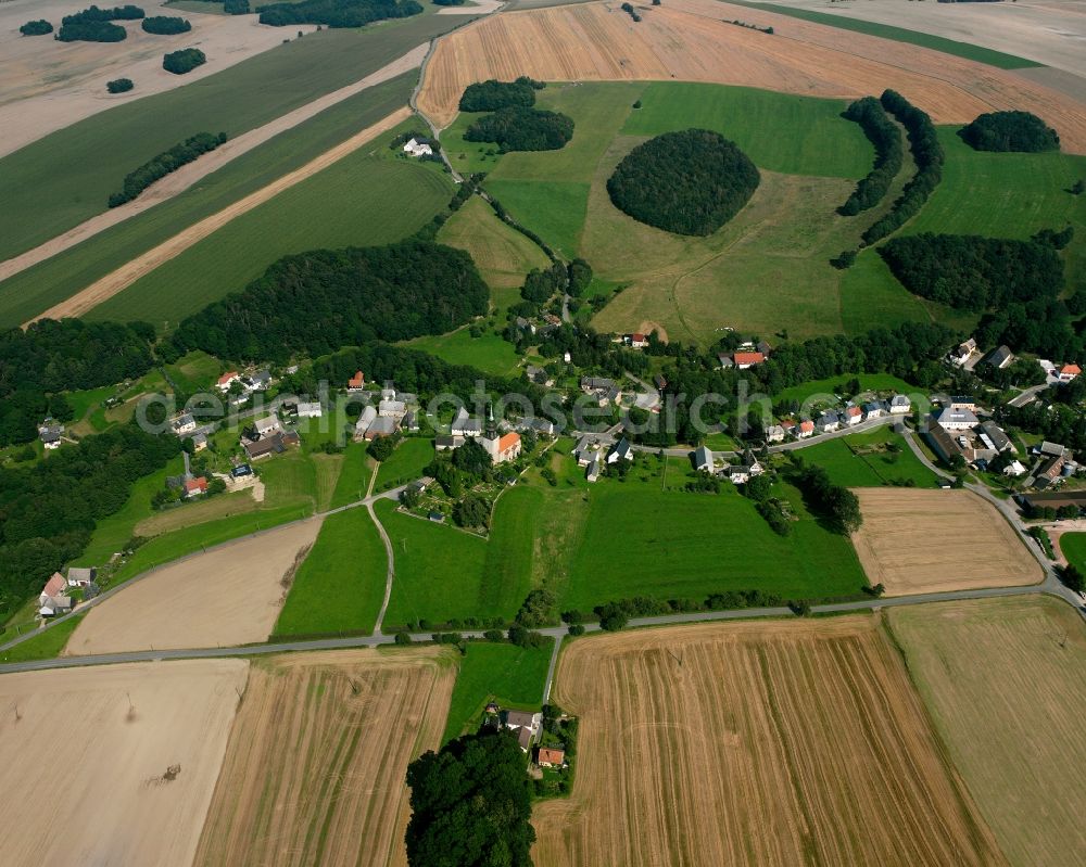 Oberbobritzsch from above - Agricultural land and field boundaries surround the settlement area of the village in Oberbobritzsch in the state Saxony, Germany