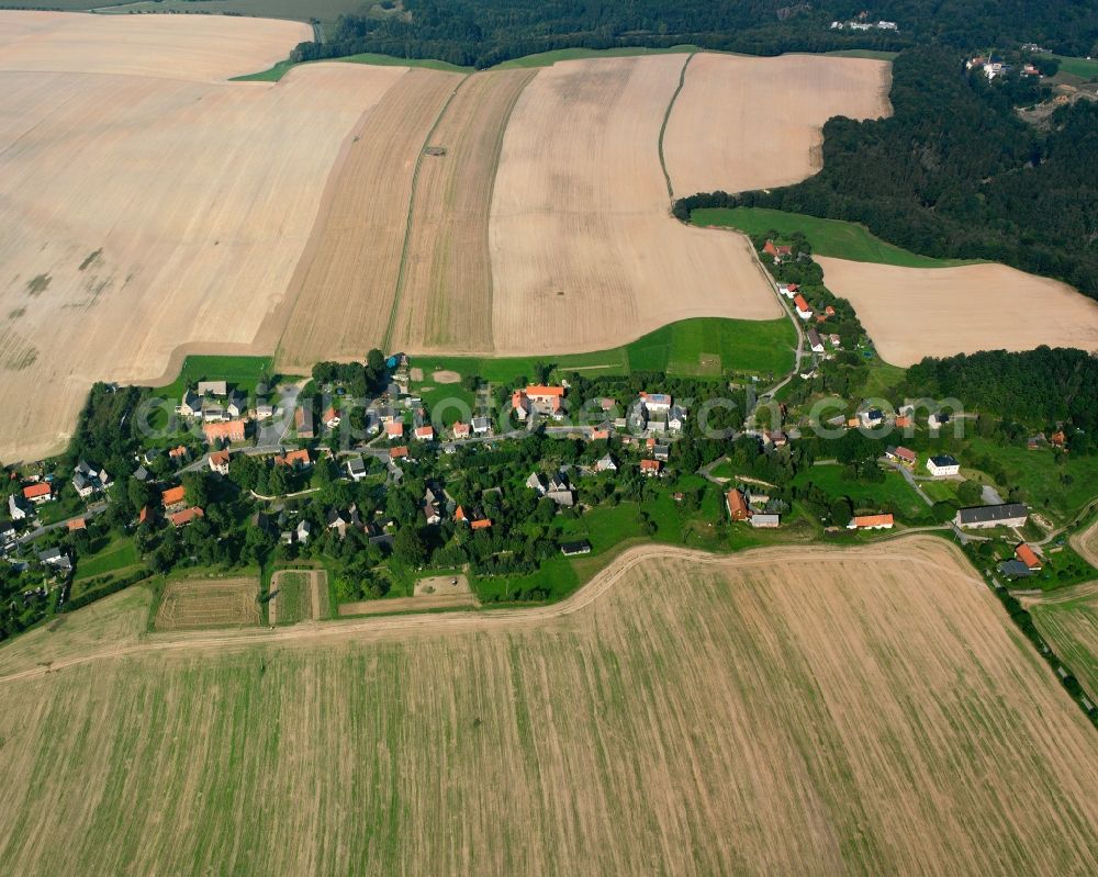 Aerial image Obergruna - Agricultural land and field boundaries surround the settlement area of the village in Obergruna in the state Saxony, Germany