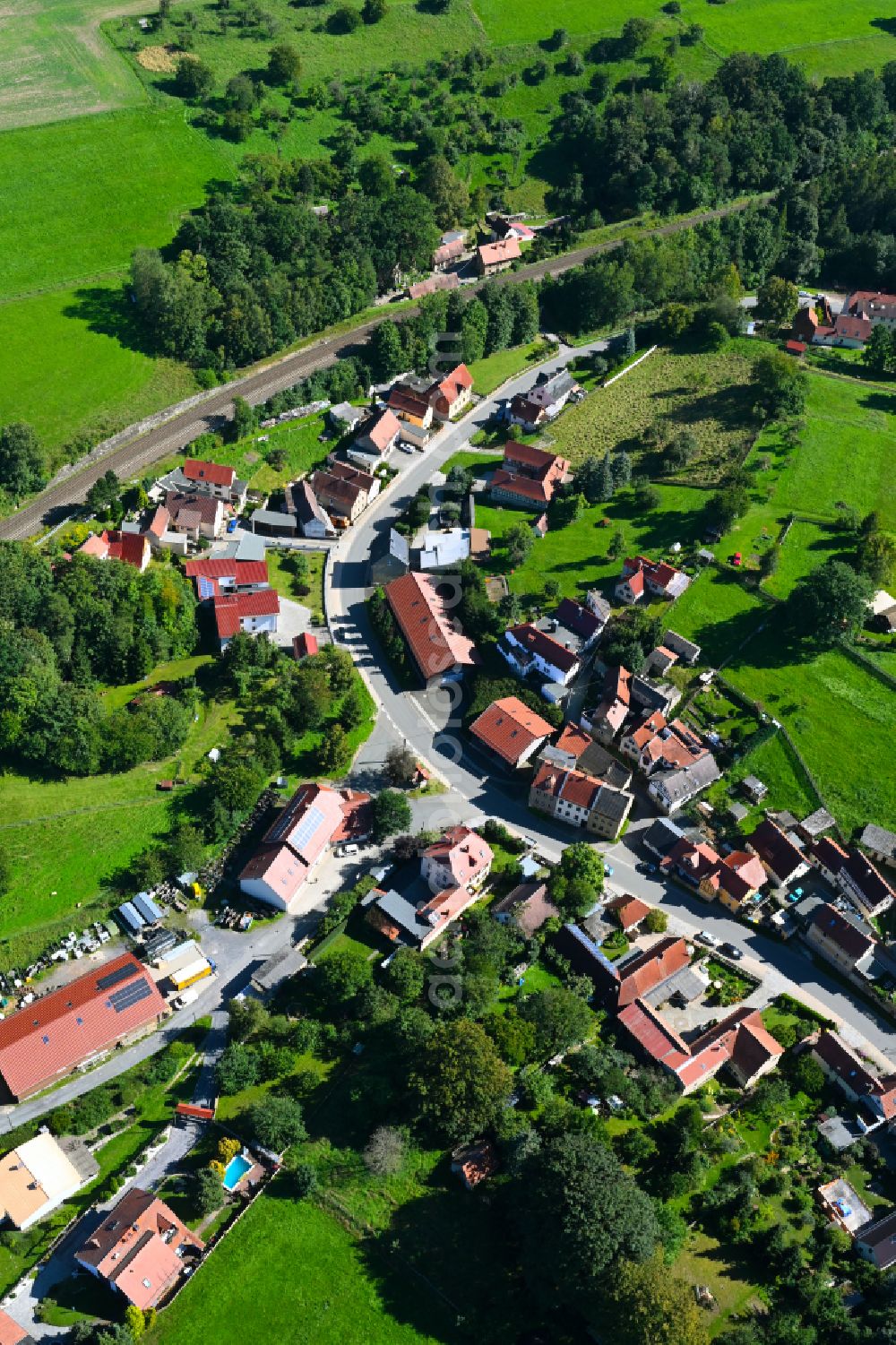 Oberndorf from above - Agricultural land and field boundaries surround the settlement area of the village in Oberndorf in the state Thuringia, Germany
