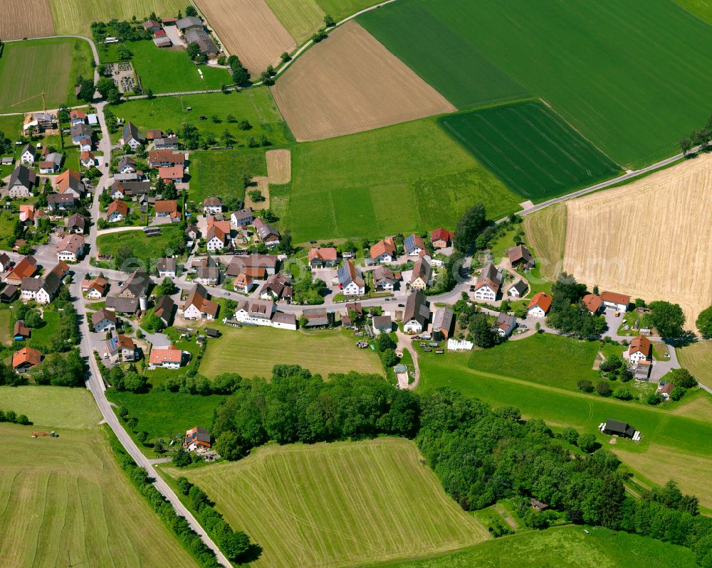 Ochsenhausen from the bird's eye view: Agricultural land and field boundaries surround the settlement area of the village in Ochsenhausen in the state Baden-Wuerttemberg, Germany