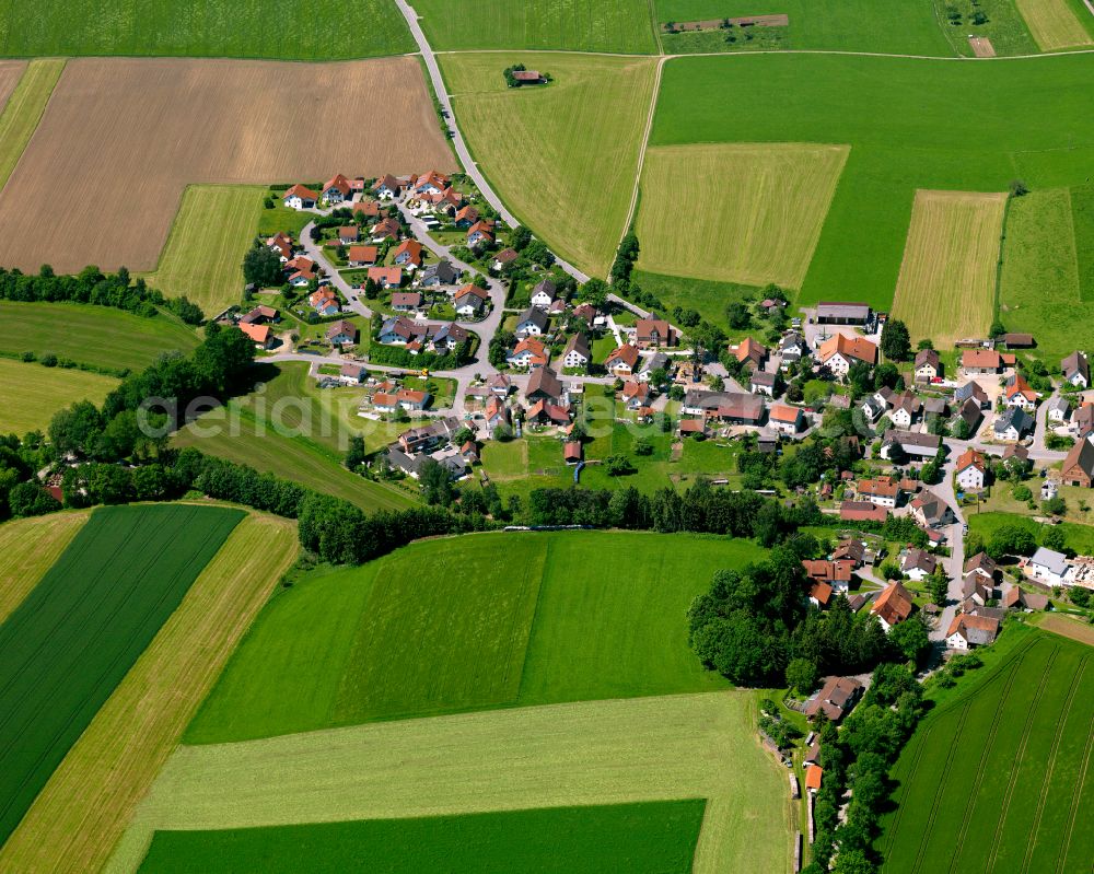 Aerial photograph Ochsenhausen - Agricultural land and field boundaries surround the settlement area of the village in Ochsenhausen in the state Baden-Wuerttemberg, Germany