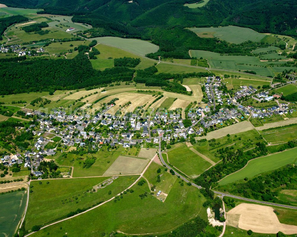 Aerial image Oppenhausen - Agricultural land and field boundaries surround the settlement area of the village in Oppenhausen in the state Rhineland-Palatinate, Germany