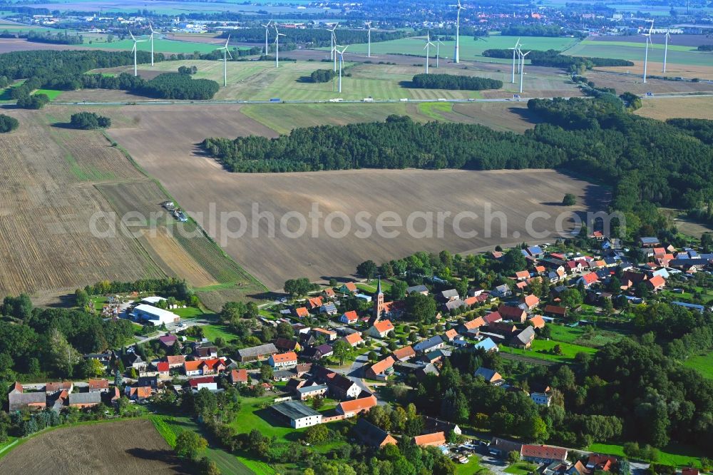Aerial photograph Papenbruch - Agricultural land and field boundaries surround the settlement area of the village in Papenbruch in the state Brandenburg, Germany
