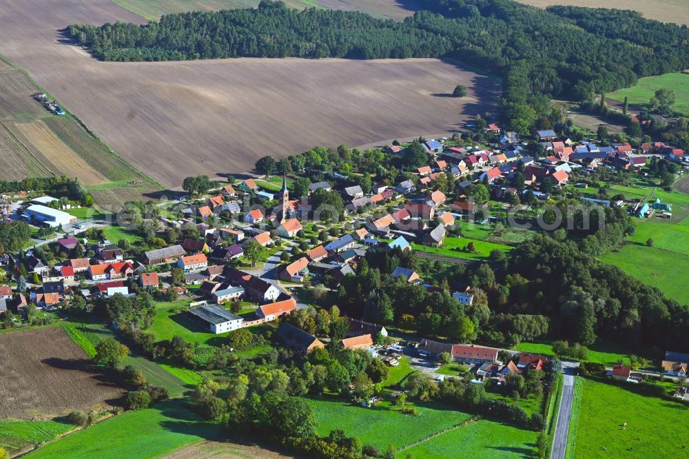 Papenbruch from above - Agricultural land and field boundaries surround the settlement area of the village in Papenbruch in the state Brandenburg, Germany