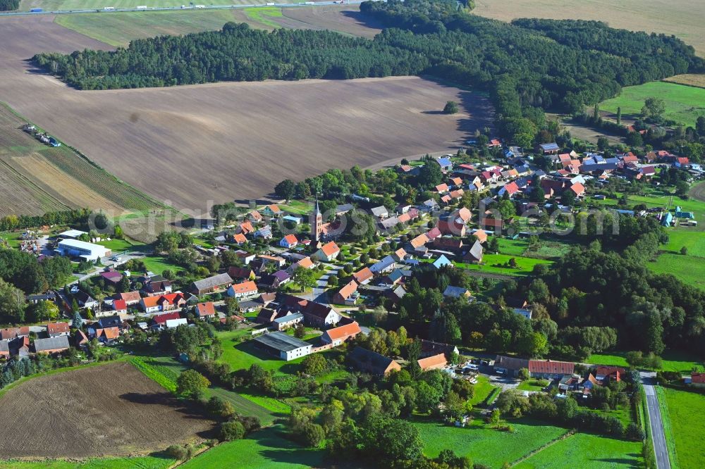 Papenbruch from the bird's eye view: Agricultural land and field boundaries surround the settlement area of the village in Papenbruch in the state Brandenburg, Germany