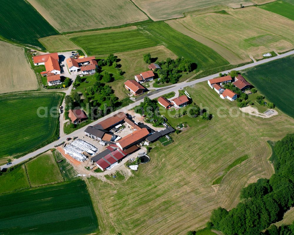 Aerial image Plackersdorf - Agricultural land and field boundaries surround the settlement area of the village in Plackersdorf in the state Bavaria, Germany