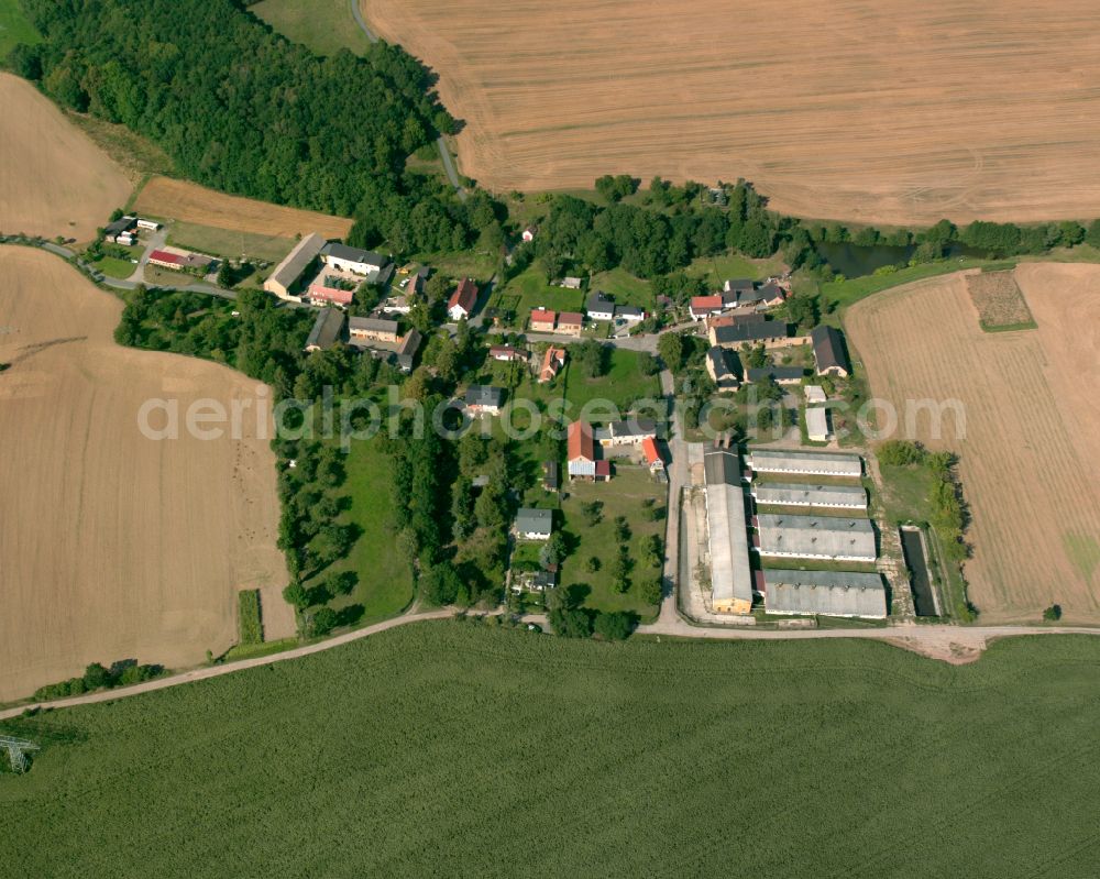 Aerial photograph Poris-Lengefeld - Agricultural land and field boundaries surround the settlement area of the village in Poris-Lengefeld in the state Thuringia, Germany