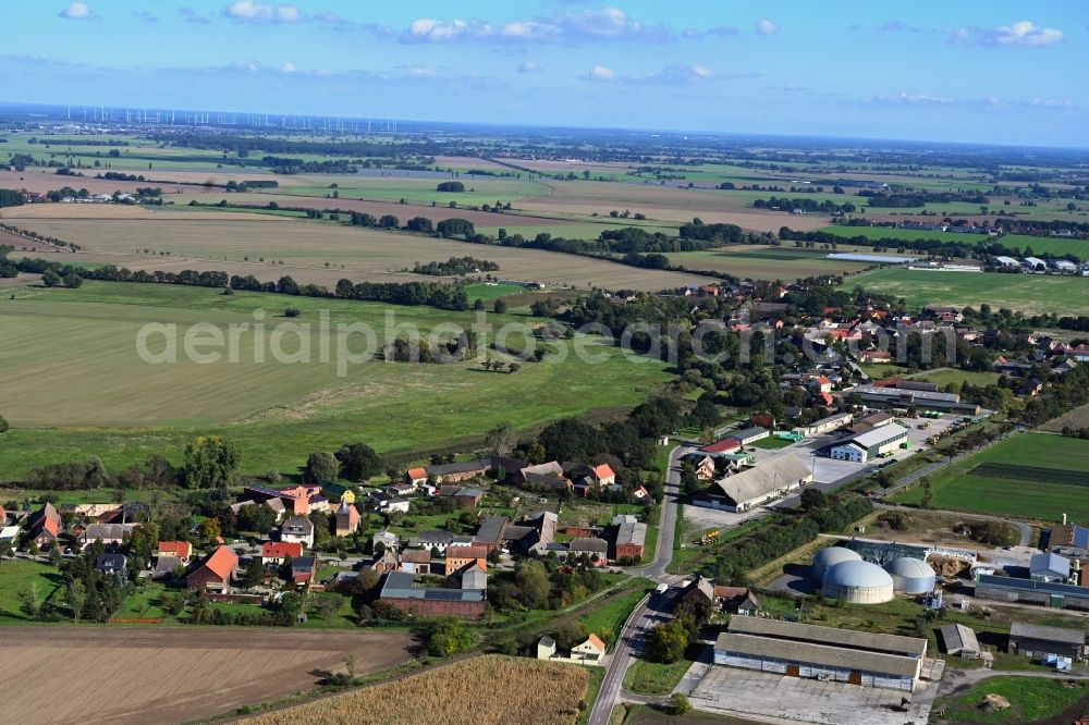 Rackith from the bird's eye view: Agricultural land and field boundaries surround the settlement area of the village in Rackith in the state Saxony-Anhalt, Germany