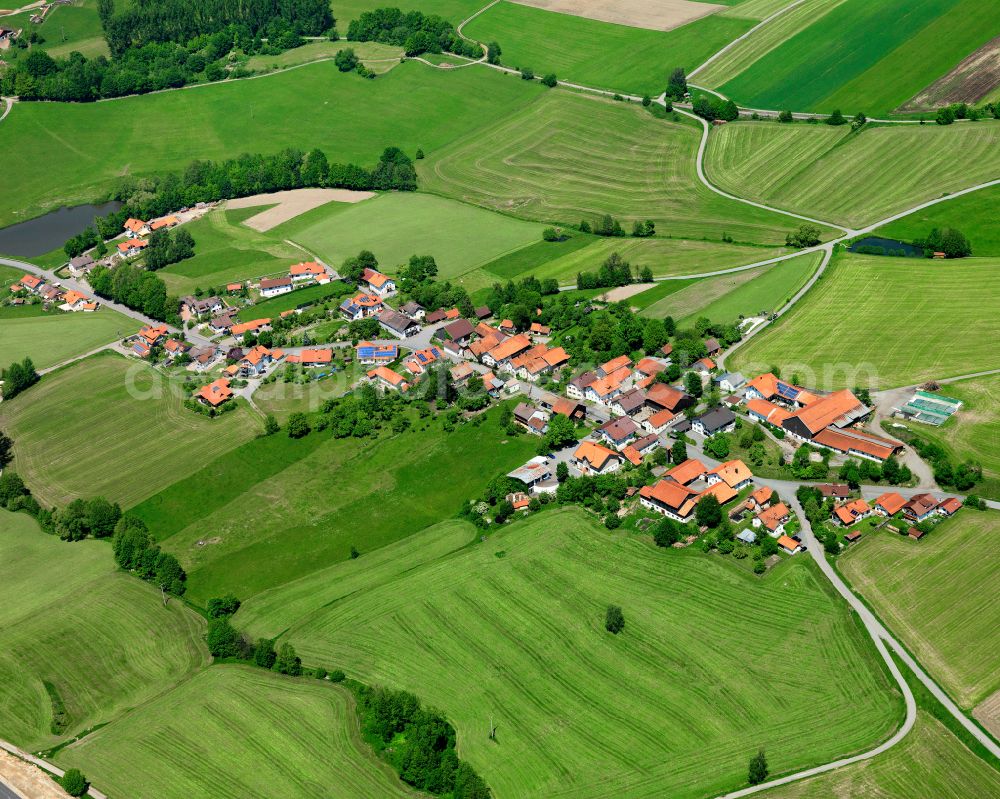 Ratzing from above - Agricultural land and field boundaries surround the settlement area of the village in Ratzing in the state Bavaria, Germany