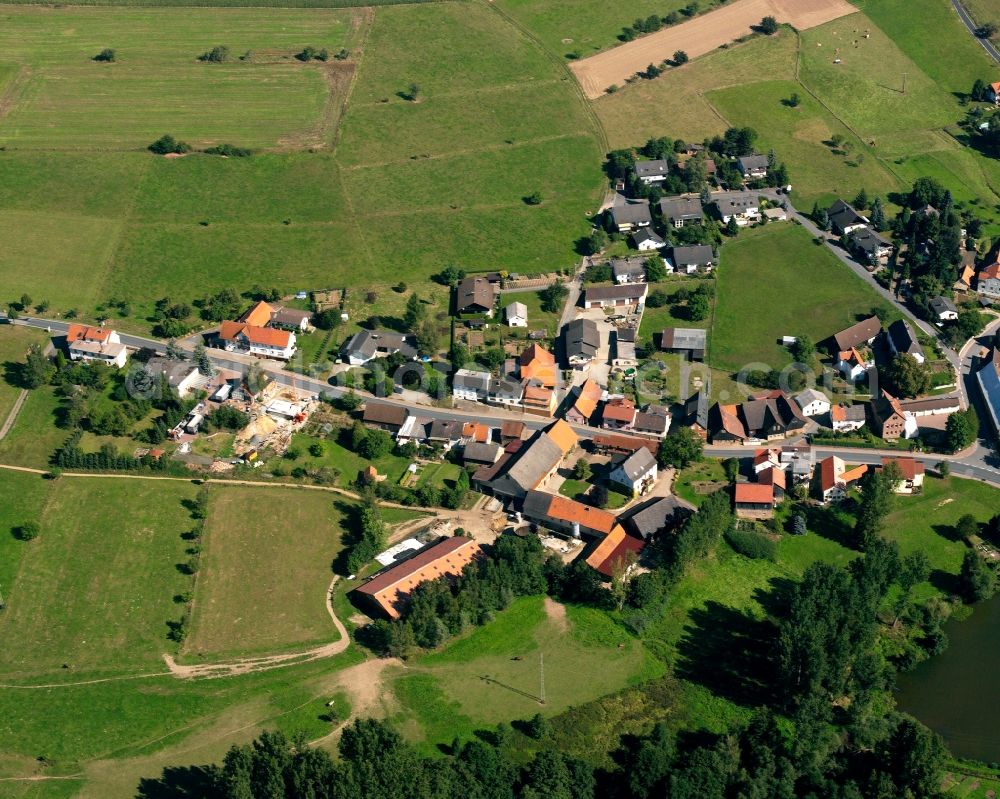 Rehbach from the bird's eye view: Agricultural land and field boundaries surround the settlement area of the village in Rehbach in the state Hesse, Germany