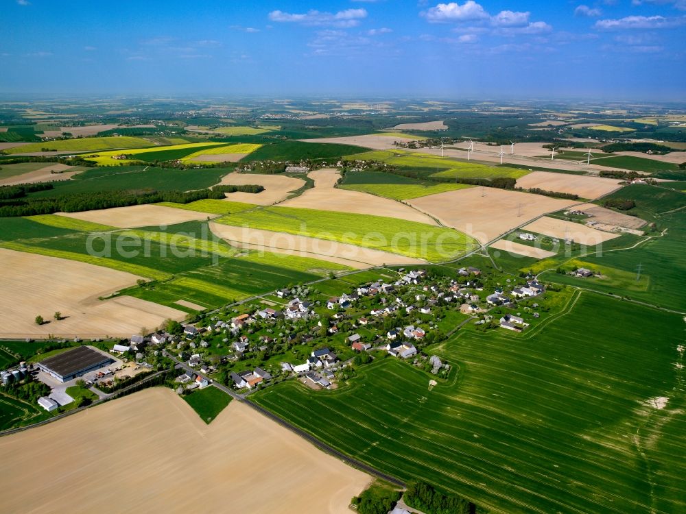 Aerial photograph Reichenbach - Agricultural land and field boundaries surround the settlement area of the village in Reichenbach in the state Saxony, Germany