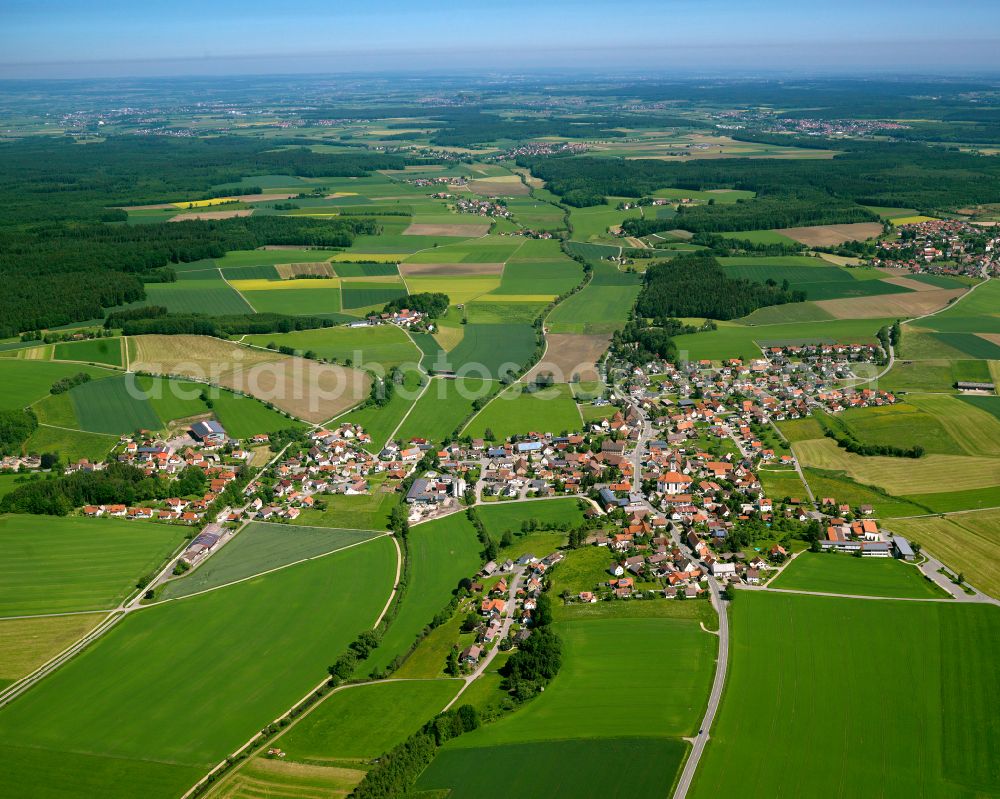 Reinstetten from above - Agricultural land and field boundaries surround the settlement area of the village in Reinstetten in the state Baden-Wuerttemberg, Germany