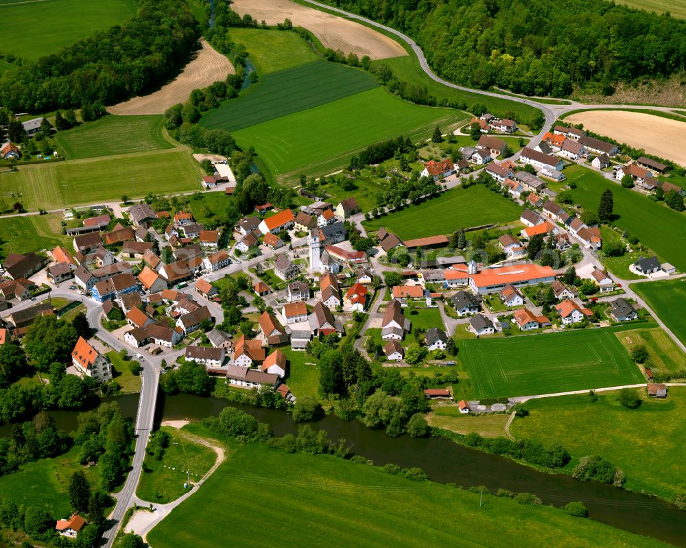 Aerial photograph Riedlingen - Agricultural land and field boundaries surround the settlement area of the village in Riedlingen in the state Baden-Wuerttemberg, Germany
