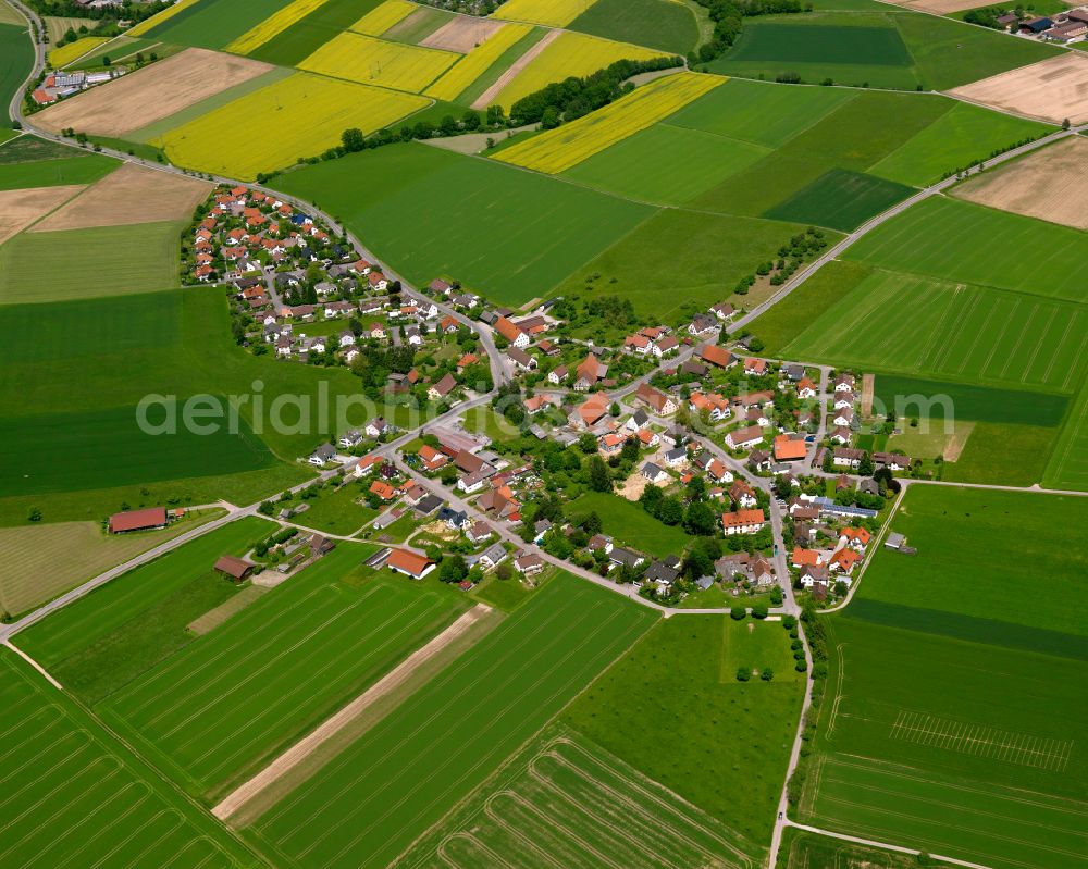 Rindenmoos from the bird's eye view: Agricultural land and field boundaries surround the settlement area of the village in Rindenmoos in the state Baden-Wuerttemberg, Germany