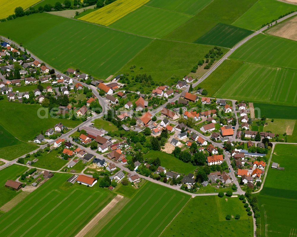 Aerial image Rindenmoos - Agricultural land and field boundaries surround the settlement area of the village in Rindenmoos in the state Baden-Wuerttemberg, Germany